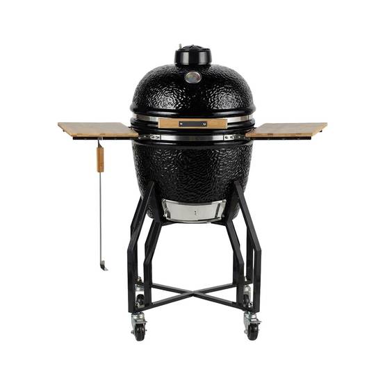 Barbecue à charbon de bois Céramique Kamado Noir 2 zones de cuisson Grill & Fumoir Ø56cm - Barbecue mobile + 2 tablettes INTEC - Image 1