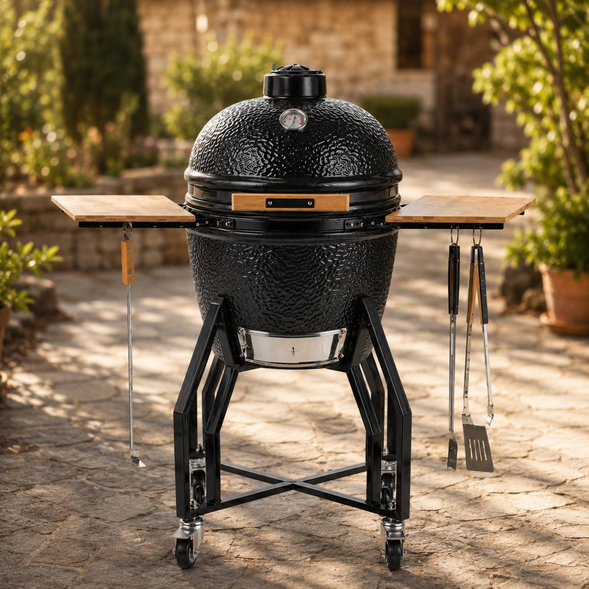 Barbecue à charbon de bois Céramique Kamado Noir 2 zones de cuisson Grill & Fumoir Ø56cm - Barbecue mobile + 2 tablettes INTEC - Image 5
