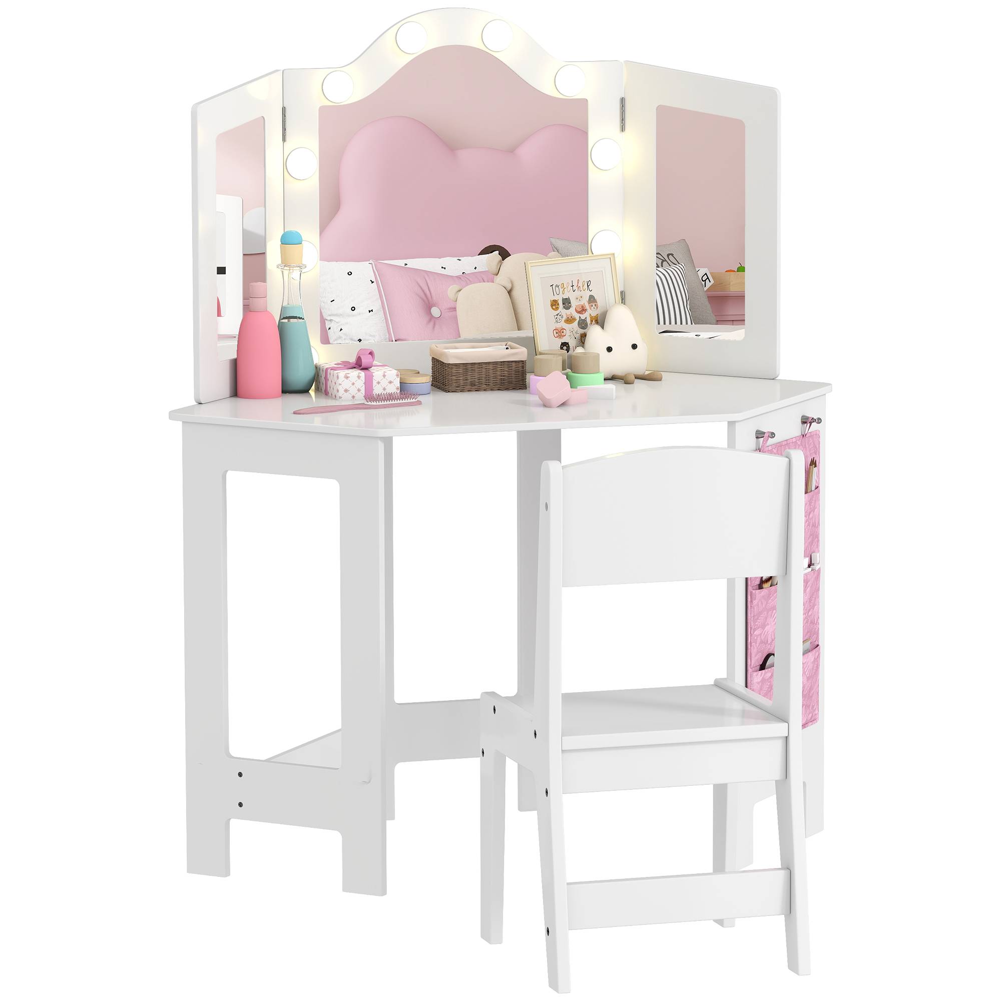 Sans Marque - Coiffeuse enfant 2 en 1 avec tabouret miroir triptyque et lumières LED bicolores 93,6 x 48,5 x 111,5 cm blanc - Image 2