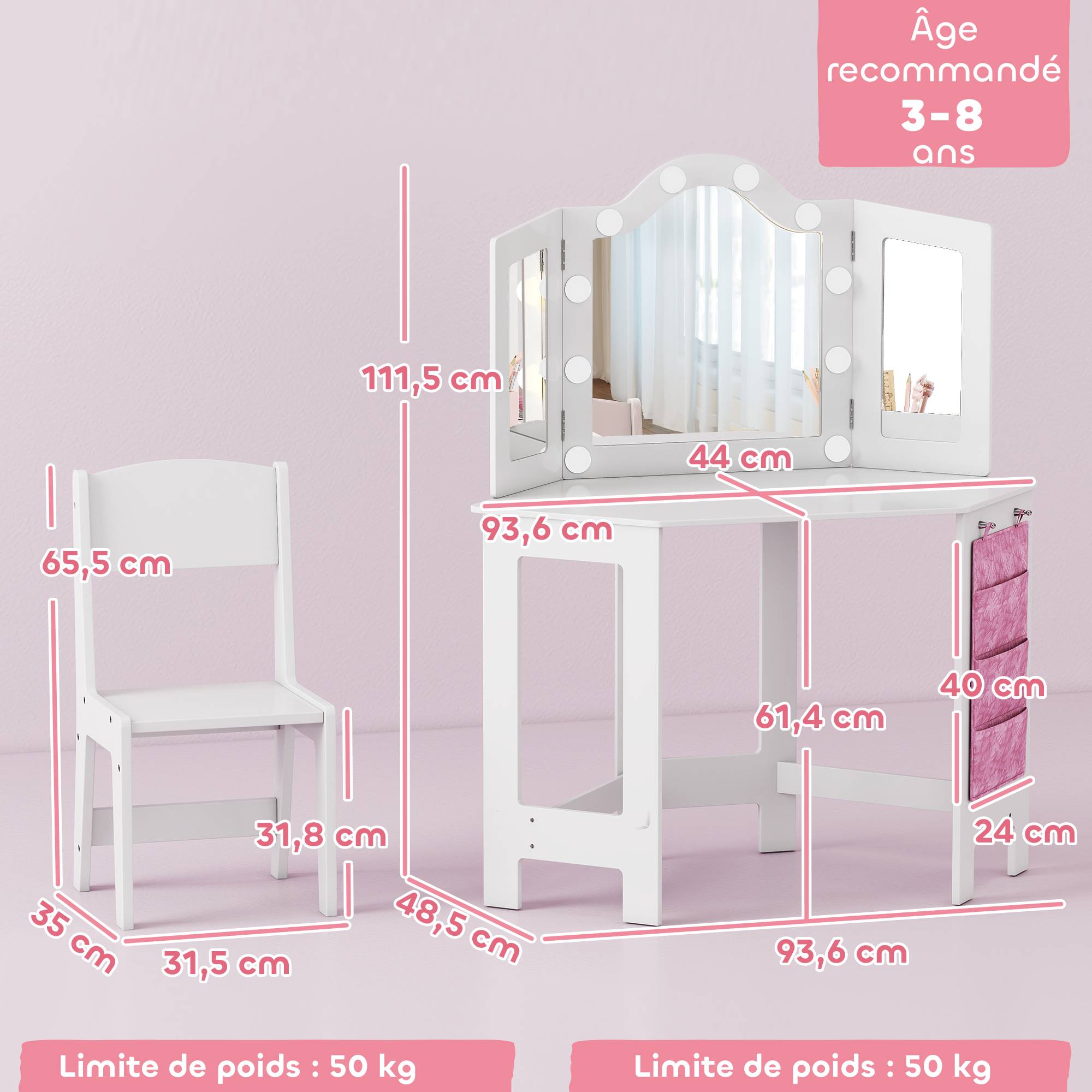 Sans Marque - Coiffeuse enfant 2 en 1 avec tabouret miroir triptyque et lumières LED bicolores 93,6 x 48,5 x 111,5 cm blanc - Image 5