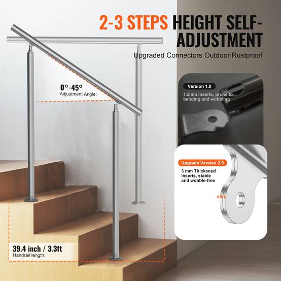 VEVOR Kit rampe d'escalier extérieur 100cm, acier inox, double colonne, pour personnes âgées, porche/terrasse. - Image 3