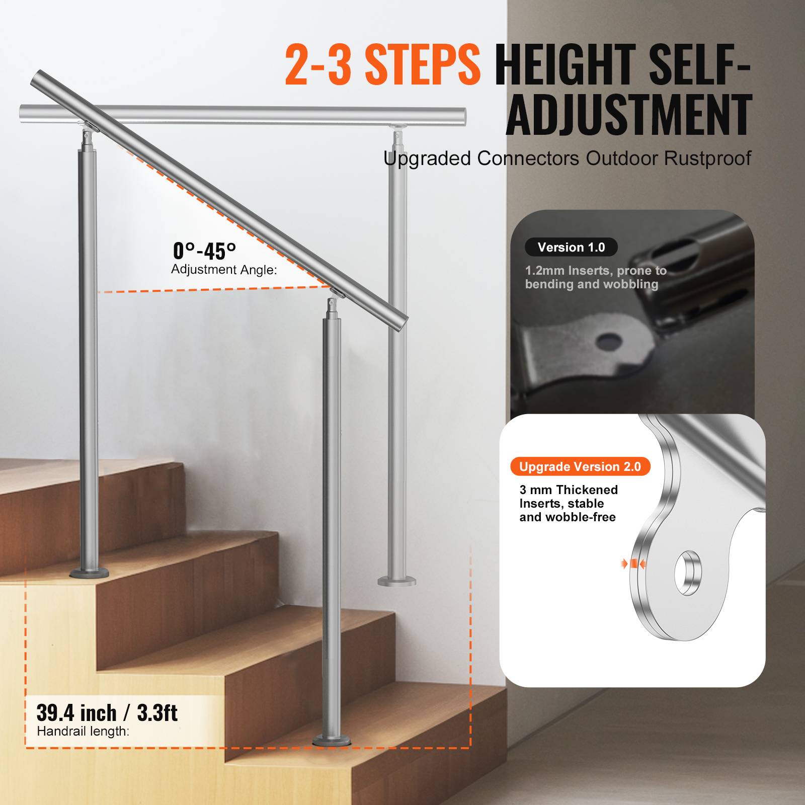 VEVOR Kit rampe d'escalier extérieur 100cm, acier inox, double colonne, pour personnes âgées, porche/terrasse. - Image 3