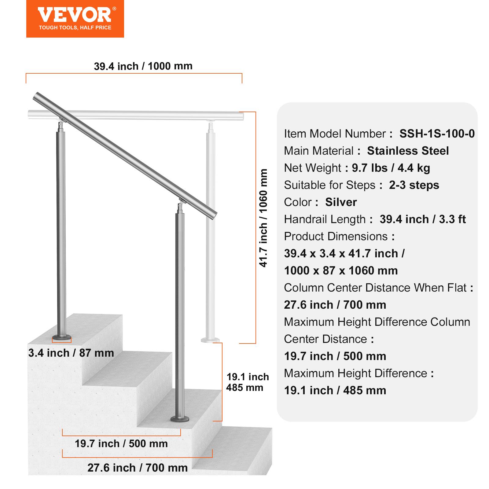 VEVOR Kit rampe d'escalier extérieur 100cm, acier inox, double colonne, pour personnes âgées, porche/terrasse. - Image 7