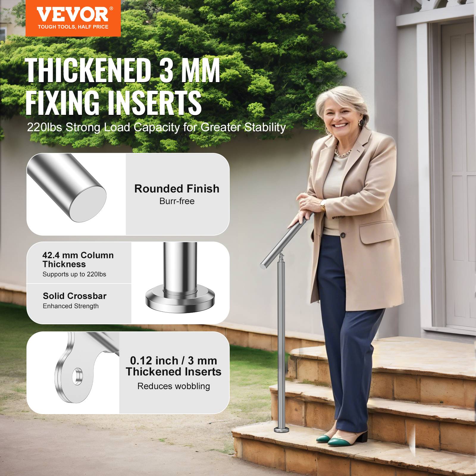 VEVOR Kit rampe d'escalier extérieur 100cm, acier inox, double colonne, pour personnes âgées, porche/terrasse. - Image 2