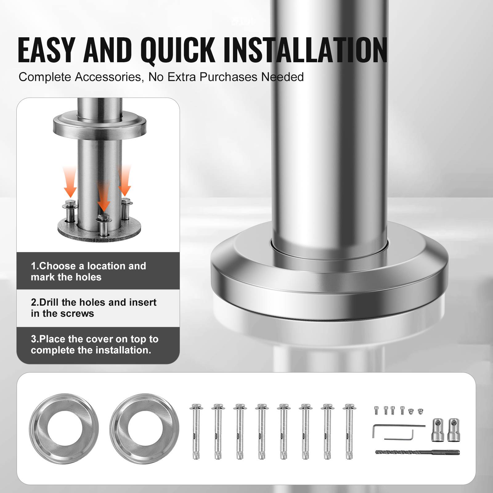 VEVOR Kit rampe d'escalier extérieur 100cm, acier inox, double colonne, pour personnes âgées, porche/terrasse. - Image 4