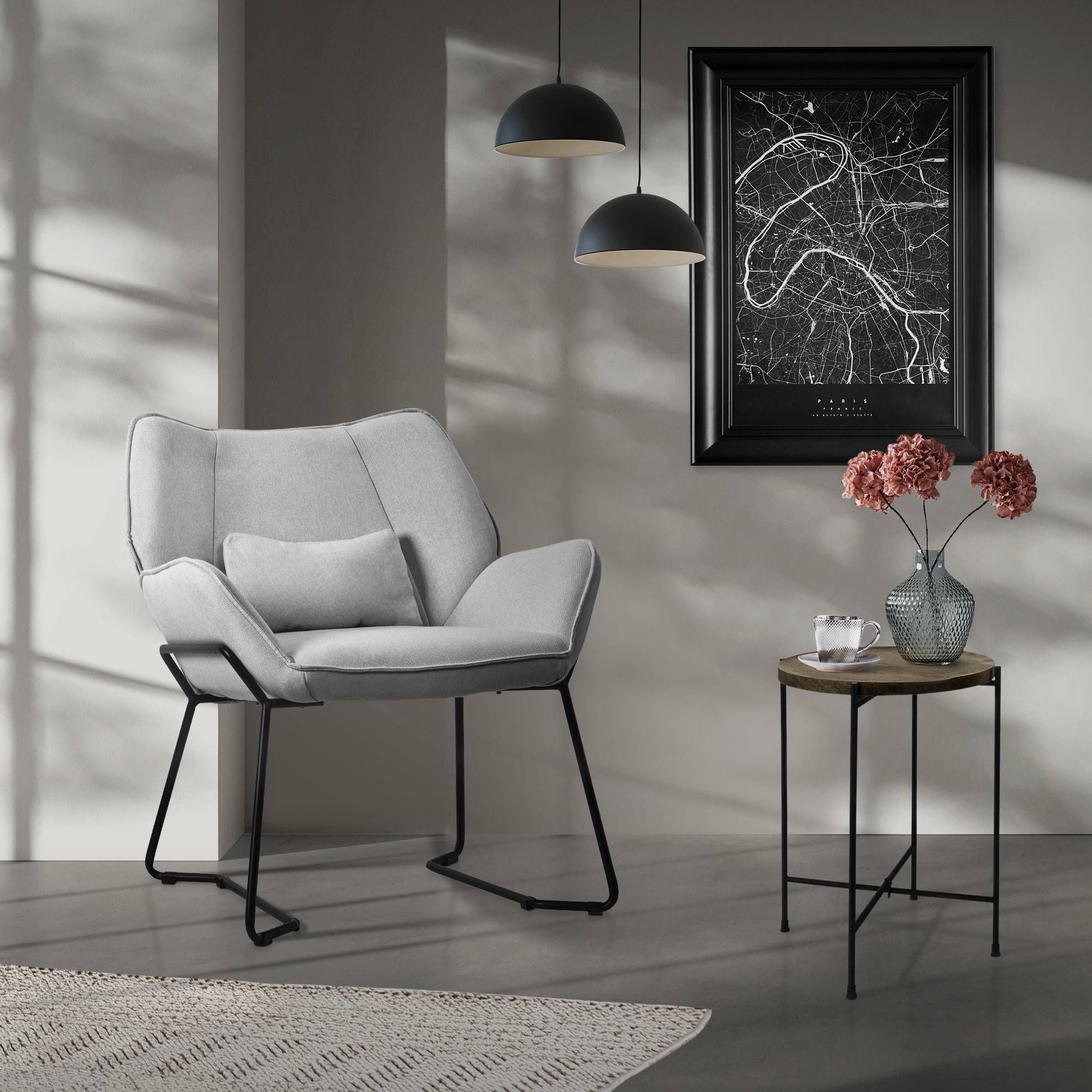 Ml-Design - Fauteuil de salon relax gris clair siége de lecture confortable scandinave effet lin dossier incliné pieds en acier rembourrage moelleux avec coussin - Image 1