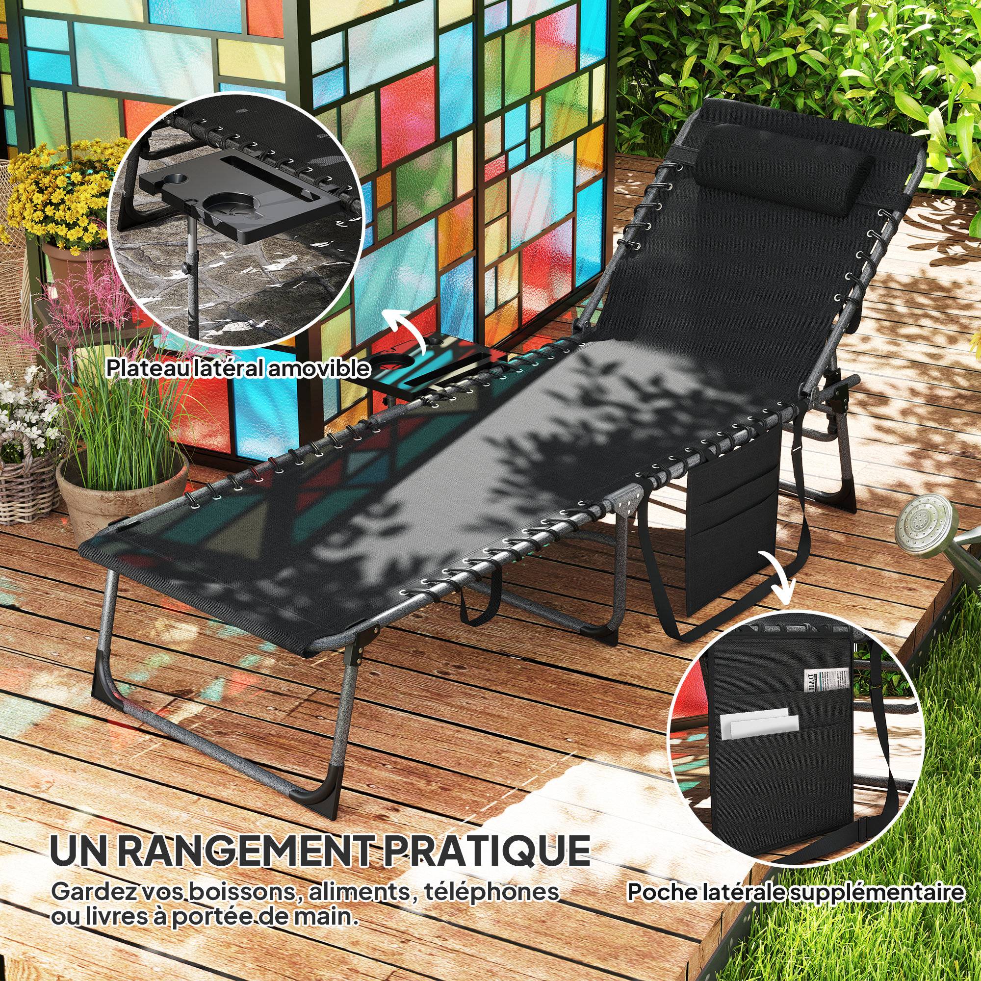 Bain de soleil pliante dossier réglable sur 5 niveaux, plateau, appuie-tête, poche latérale 60 x 190 x 31 cm, noir - Image 8