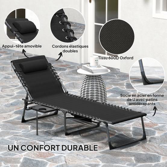 Bain de soleil pliante dossier réglable sur 5 niveaux, plateau, appuie-tête, poche latérale 60 x 190 x 31 cm, noir - Image 7