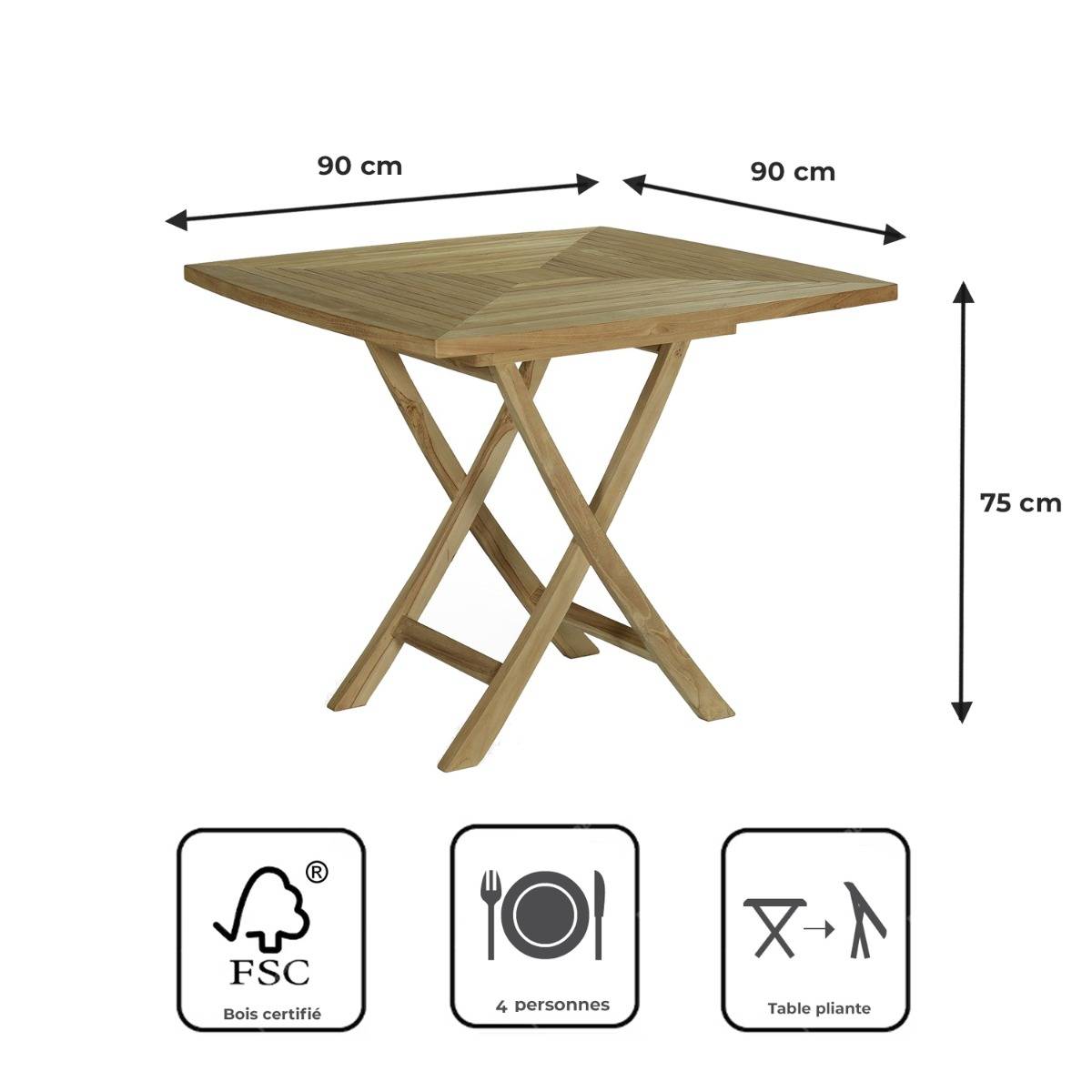 Teck'Attitude - Table pliante carrée en teck massif Cardif 90 x 90 cm - TECK'Attitude - Imagen 8