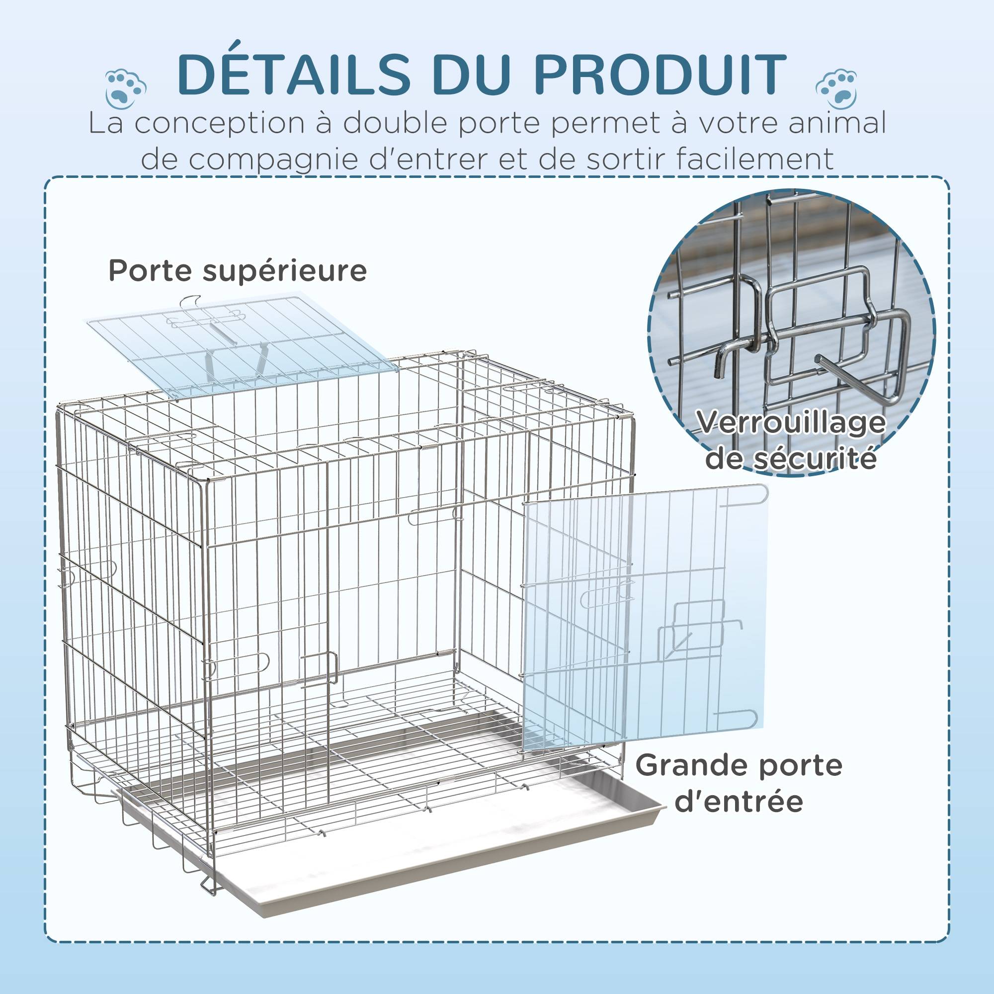 Pawhut - Cage pour chien pliable - plateau excrément coulissant - 2 portes verrouillable, poignée - dim. 61L x 43l x 50H cm - fer galvanisé PP blanc - Image 4