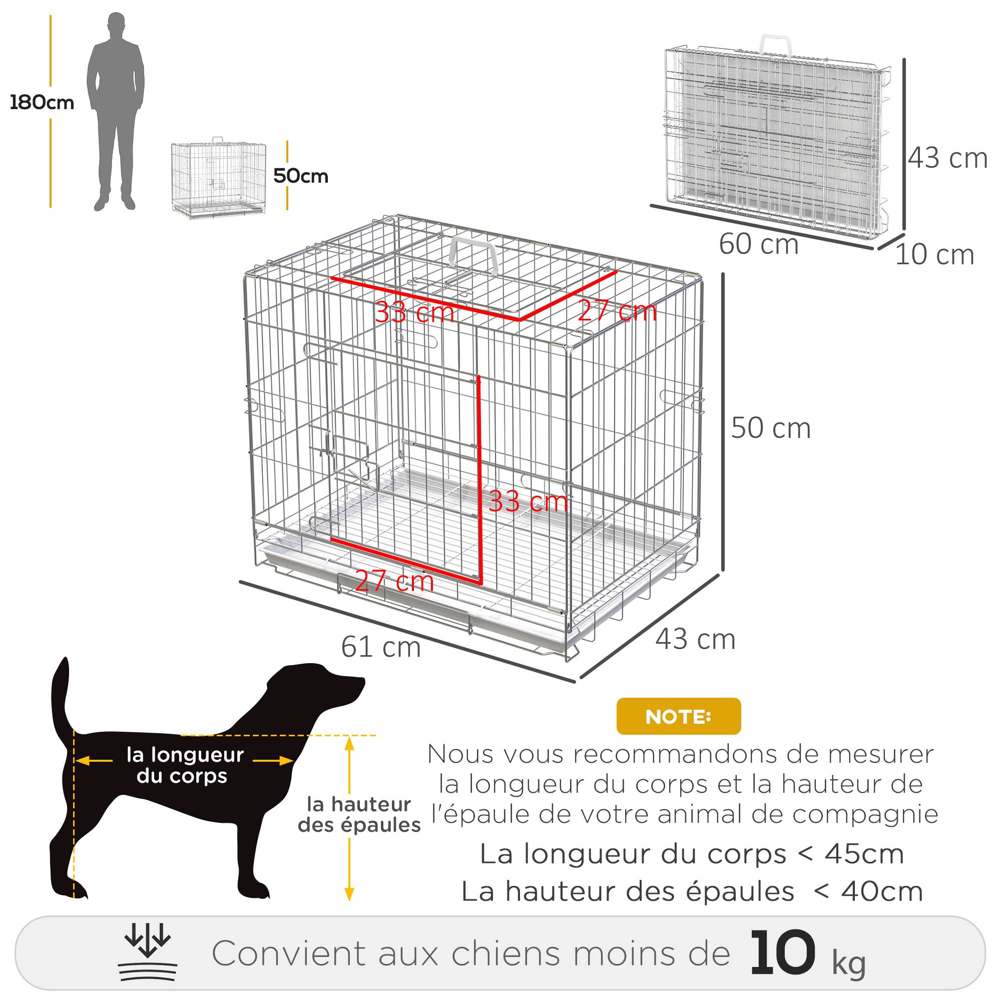 Pawhut - Cage pour chien pliable - plateau excrément coulissant - 2 portes verrouillable, poignée - dim. 61L x 43l x 50H cm - fer galvanisé PP blanc - Image 3