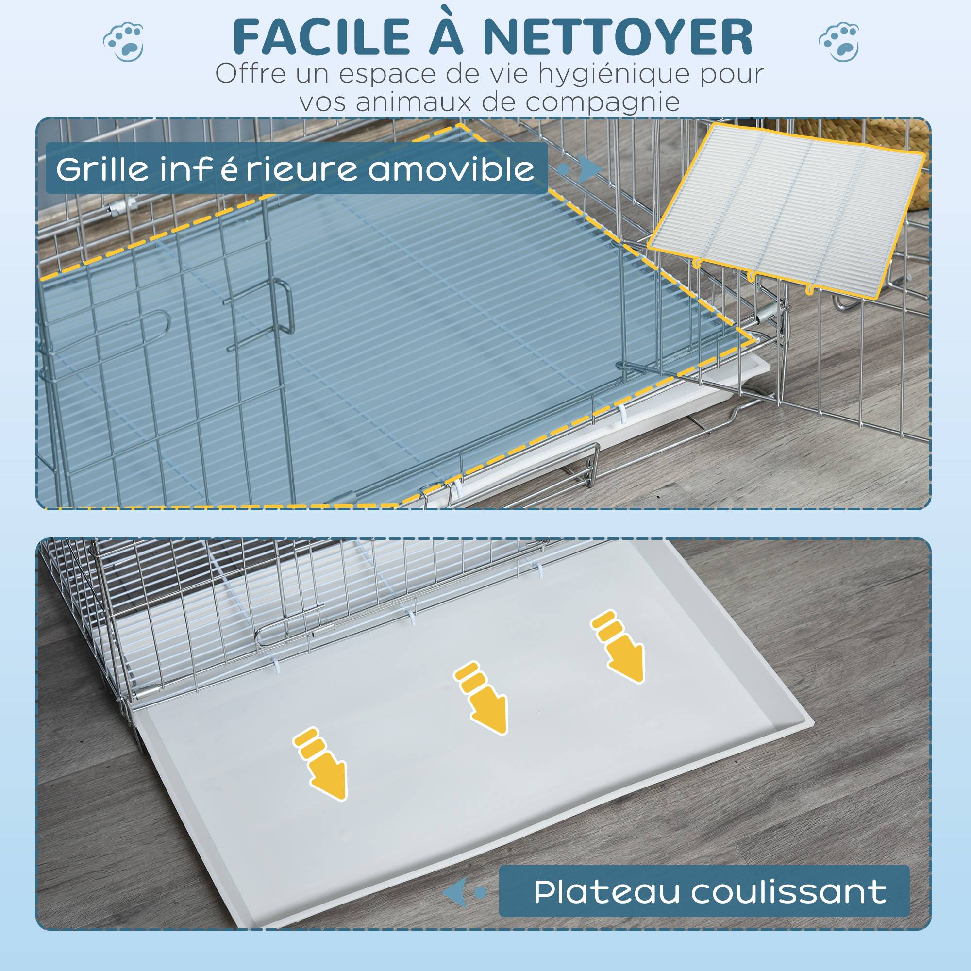 Pawhut - Cage pour chien pliable - plateau excrément coulissant - 2 portes verrouillable, poignée - dim. 61L x 43l x 50H cm - fer galvanisé PP blanc - Image 5