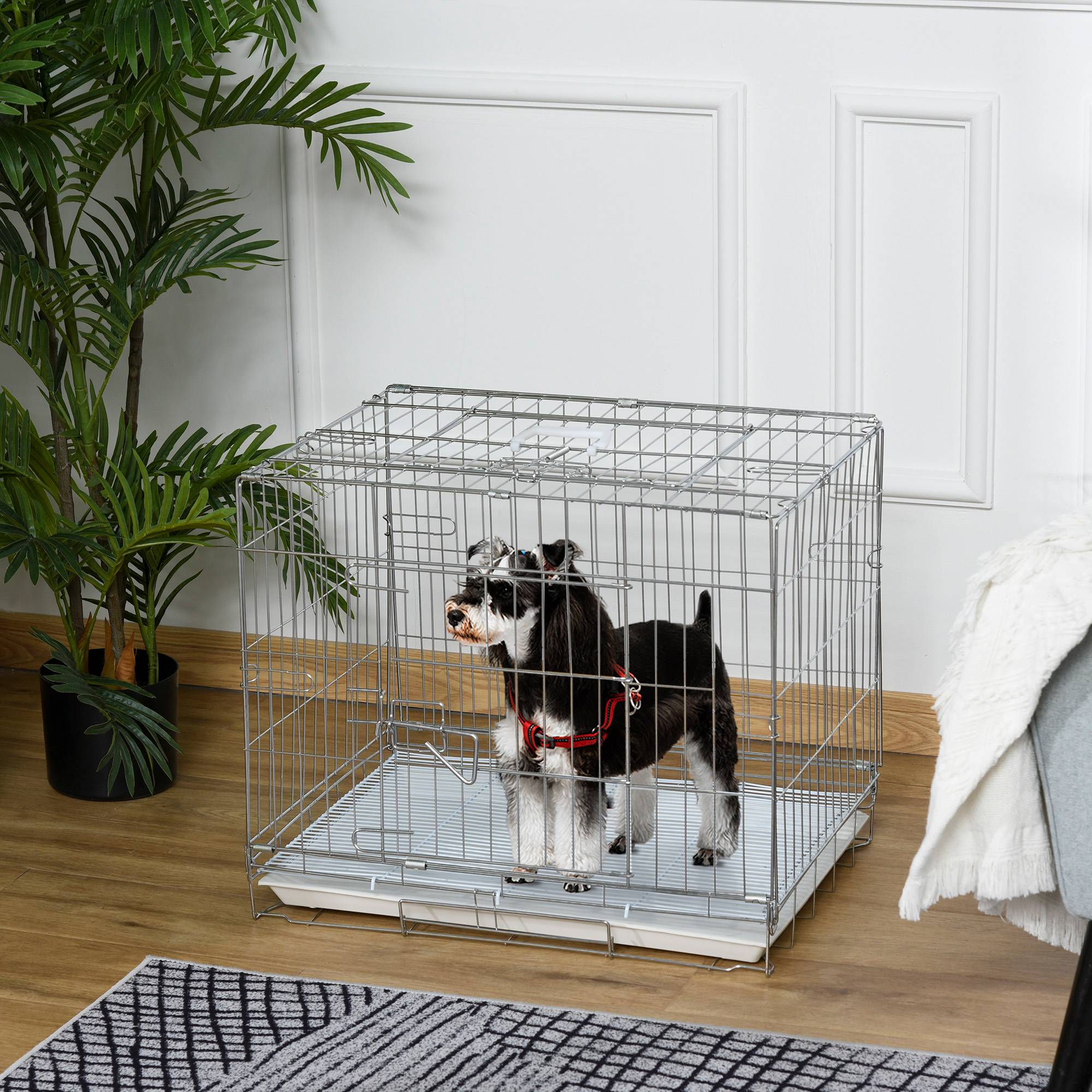 Pawhut - Cage pour chien pliable - plateau excrément coulissant - 2 portes verrouillable, poignée - dim. 61L x 43l x 50H cm - fer galvanisé PP blanc - Image 2
