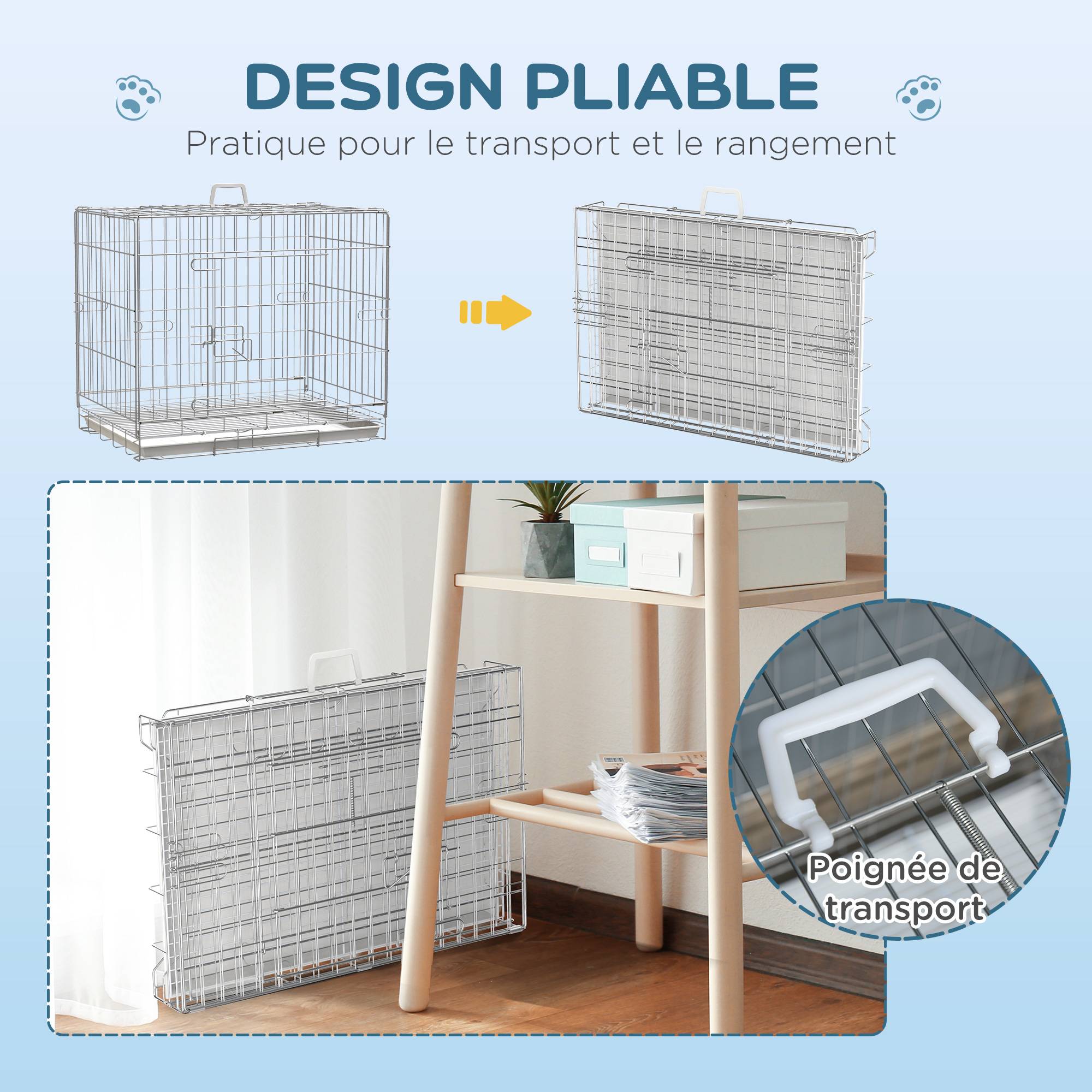 Pawhut - Cage pour chien pliable - plateau excrément coulissant - 2 portes verrouillable, poignée - dim. 61L x 43l x 50H cm - fer galvanisé PP blanc - Image 6