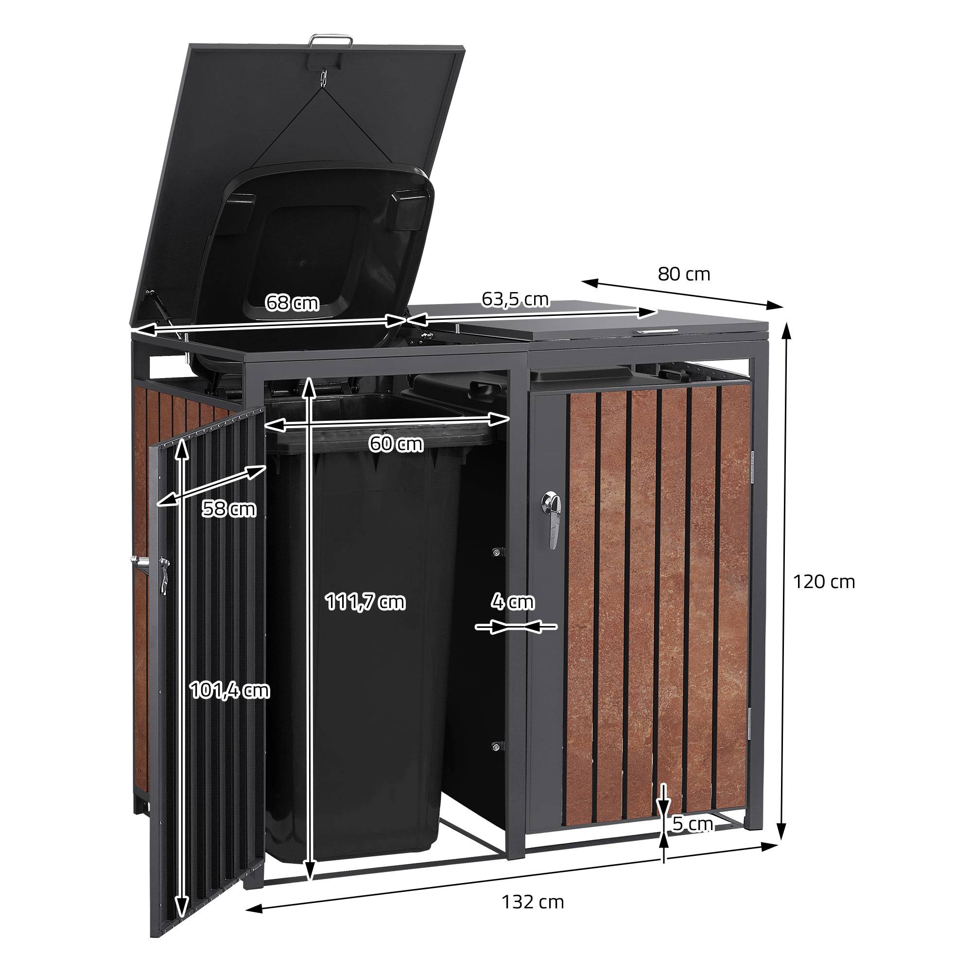 Ml-Design - Abri pour 2 poubelles 132x80x120 cm capacité de 60L à 240L anthracite/aspect rouillé acier couvercle rabattable/2 portes résistant aux intempéries - Imagen 8