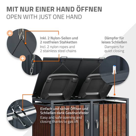Abri pour 2 poubelles 132x80x116,3 cm capacité de 60L à 240L anthracite/aspect rouillé acier couvercle rabattable/2 portes résistant aux intempéries - Image 5