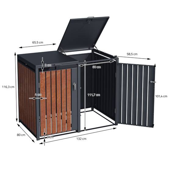 Abri pour 2 poubelles 132x80x116,3 cm capacité de 60L à 240L anthracite/aspect rouillé acier couvercle rabattable/2 portes résistant aux intempéries - Image 8