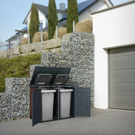 Abri pour 2 poubelles 132x80x116,3 cm capacité de 60L à 240L anthracite/aspect rouillé acier couvercle rabattable/2 portes résistant aux intempéries - Image 9