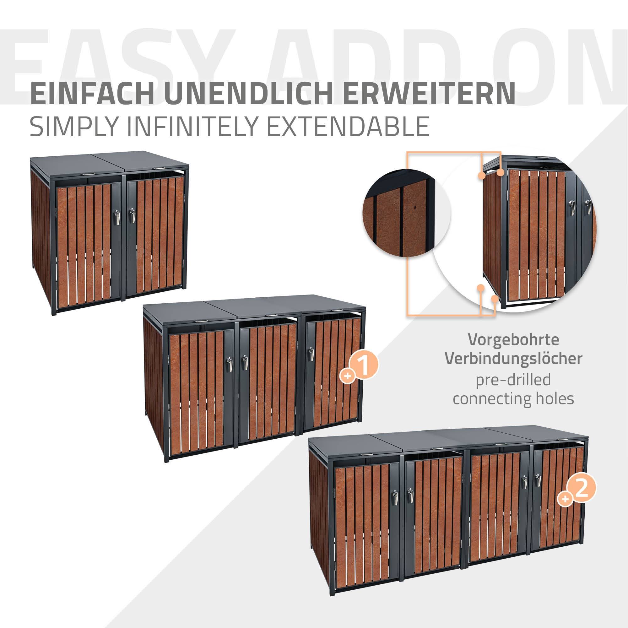 Abri pour 2 poubelles 132x80x116,3 cm capacité de 60L à 240L anthracite/aspect rouillé acier couvercle rabattable/2 portes résistant aux intempéries - Image 7