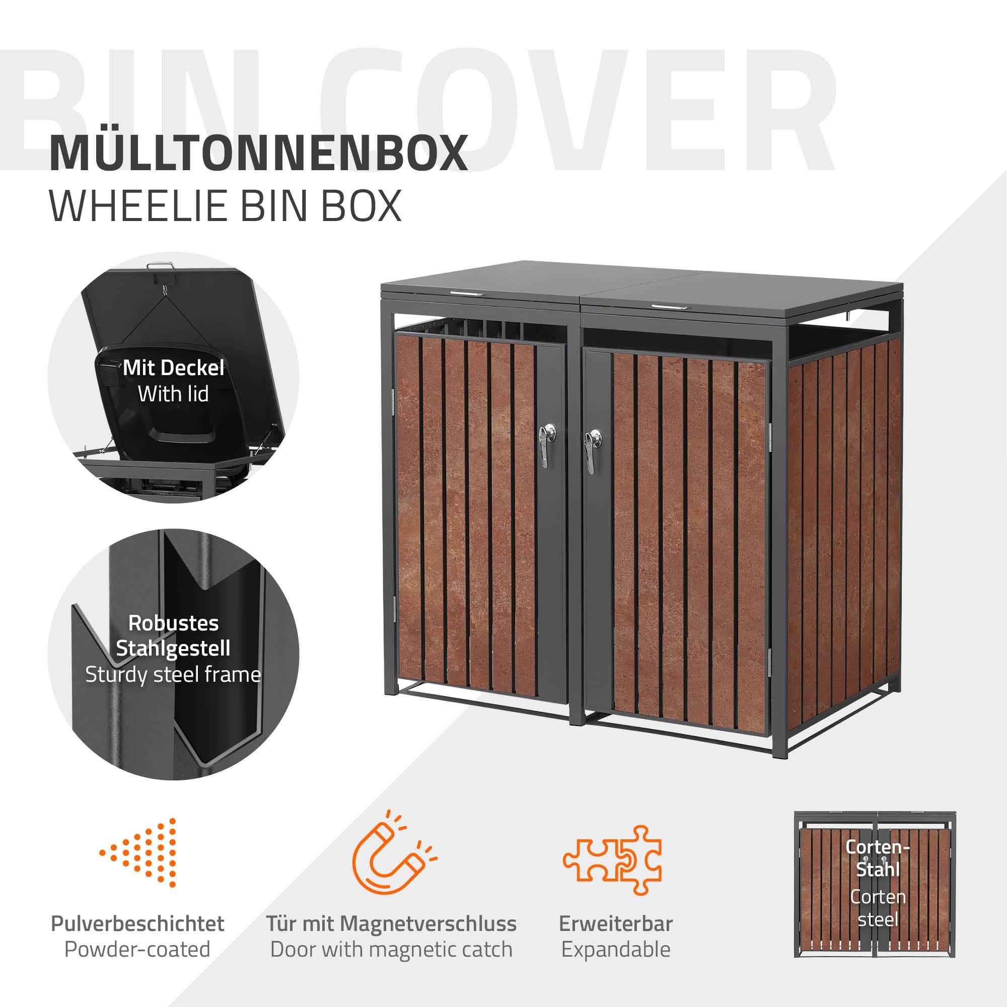 Ml-Design - Abri pour 2 poubelles 132x80x120 cm capacité de 60L à 240L anthracite/aspect rouillé acier couvercle rabattable/2 portes résistant aux intempéries - Imagen 2
