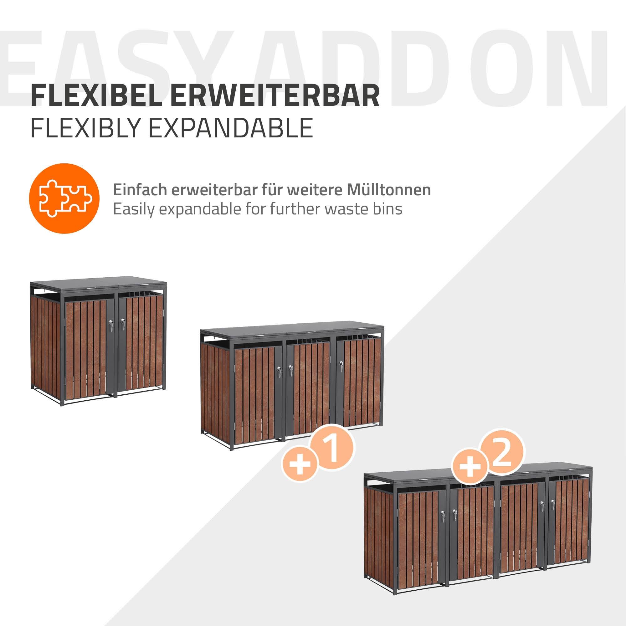 Ml-Design - Abri pour 2 poubelles 132x80x120 cm capacité de 60L à 240L anthracite/aspect rouillé acier couvercle rabattable/2 portes résistant aux intempéries - Imagen 7