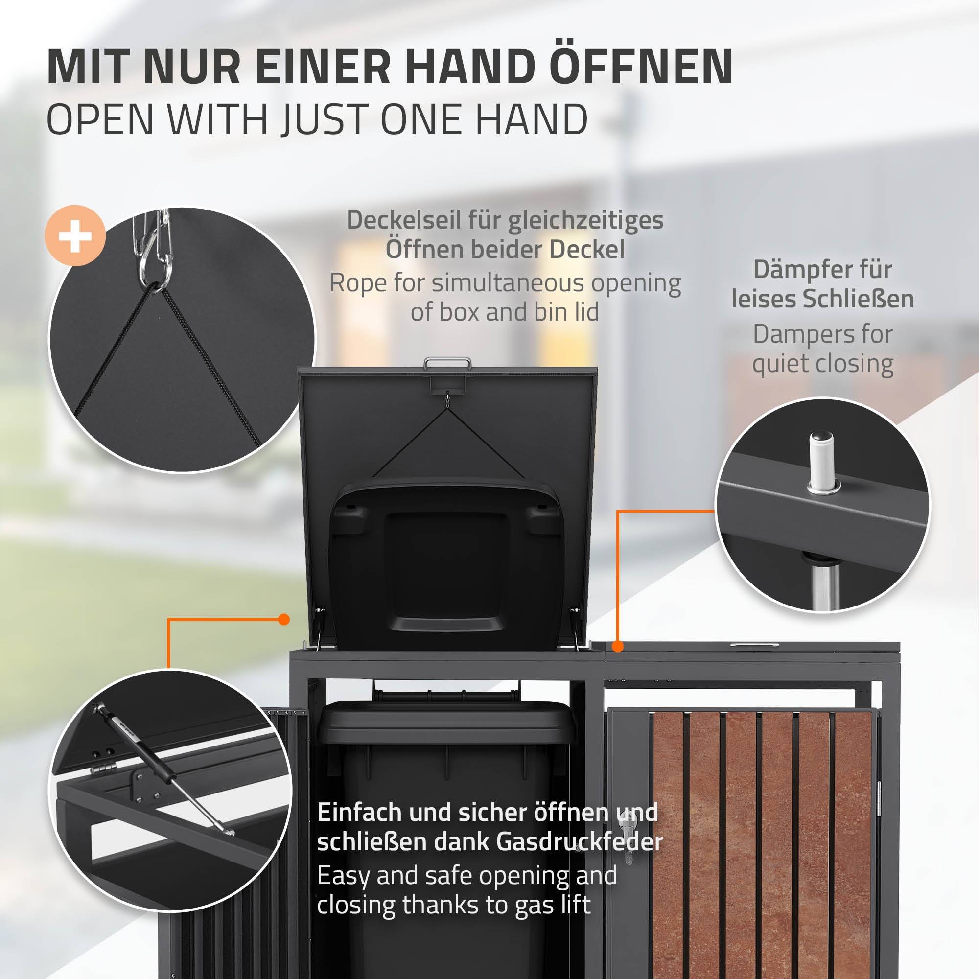 Ml-Design - Abri pour 2 poubelles 132x80x120 cm capacité de 60L à 240L anthracite/aspect rouillé acier couvercle rabattable/2 portes résistant aux intempéries - Imagen 4