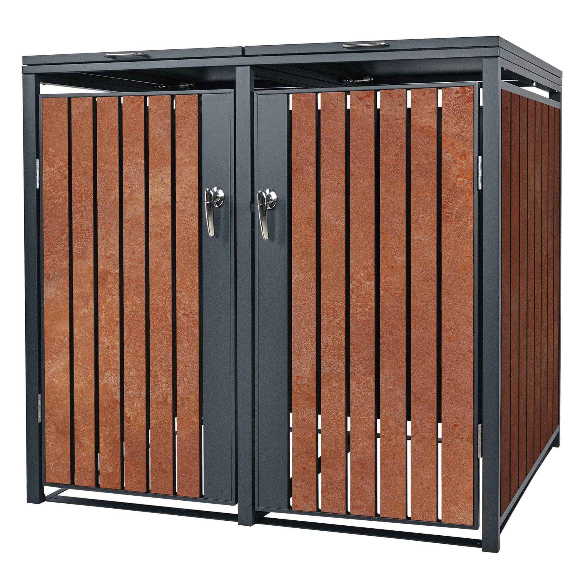 Abri pour 2 poubelles 132x80x116,3 cm capacité de 60L à 240L anthracite/aspect rouillé acier couvercle rabattable/2 portes résistant aux intempéries - Image 1