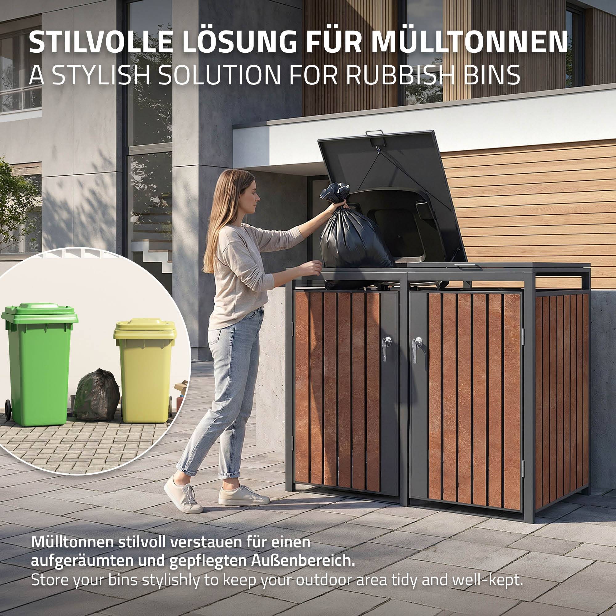 Ml-Design - Abri pour 2 poubelles 132x80x120 cm capacité de 60L à 240L anthracite/aspect rouillé acier couvercle rabattable/2 portes résistant aux intempéries - Imagen 5