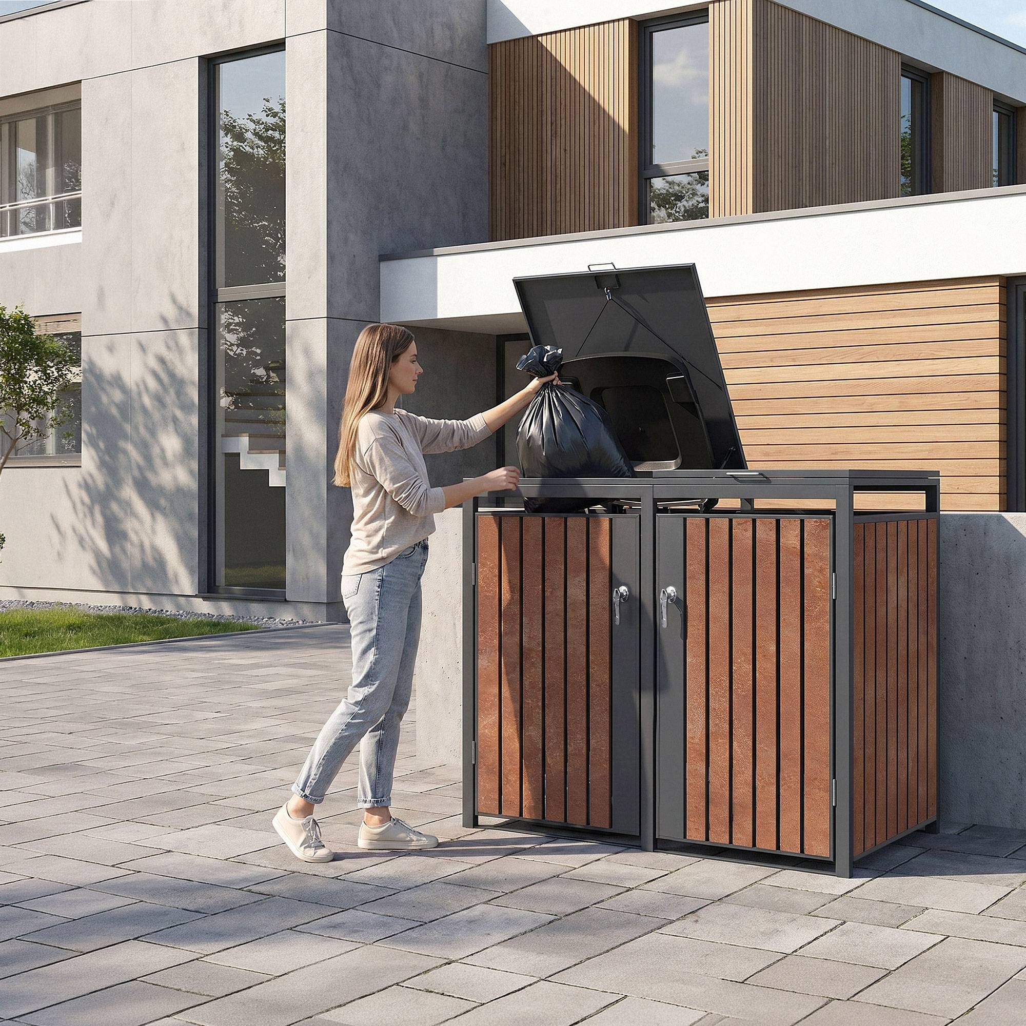 Ml-Design - Abri pour 2 poubelles 132x80x120 cm capacité de 60L à 240L anthracite/aspect rouillé acier couvercle rabattable/2 portes résistant aux intempéries - Imagen 10