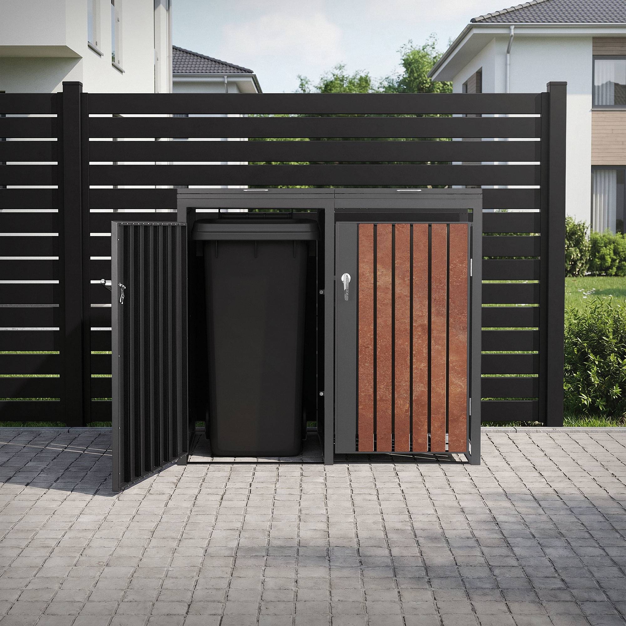 Ml-Design - Abri pour 2 poubelles 132x80x120 cm capacité de 60L à 240L anthracite/aspect rouillé acier couvercle rabattable/2 portes résistant aux intempéries - Imagen 1