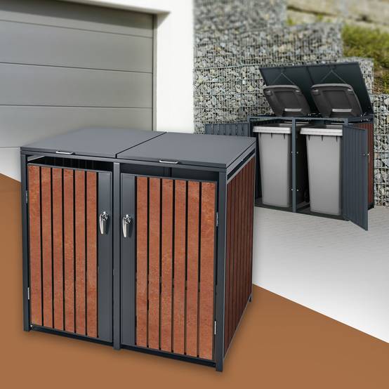 Abri pour 2 poubelles 132x80x116,3 cm capacité de 60L à 240L anthracite/aspect rouillé acier couvercle rabattable/2 portes résistant aux intempéries - Image 2
