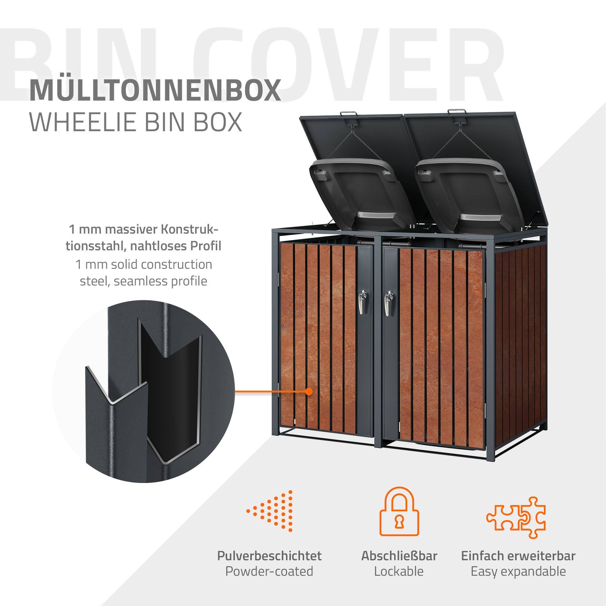 Abri pour 2 poubelles 132x80x116,3 cm capacité de 60L à 240L anthracite/aspect rouillé acier couvercle rabattable/2 portes résistant aux intempéries - Image 3