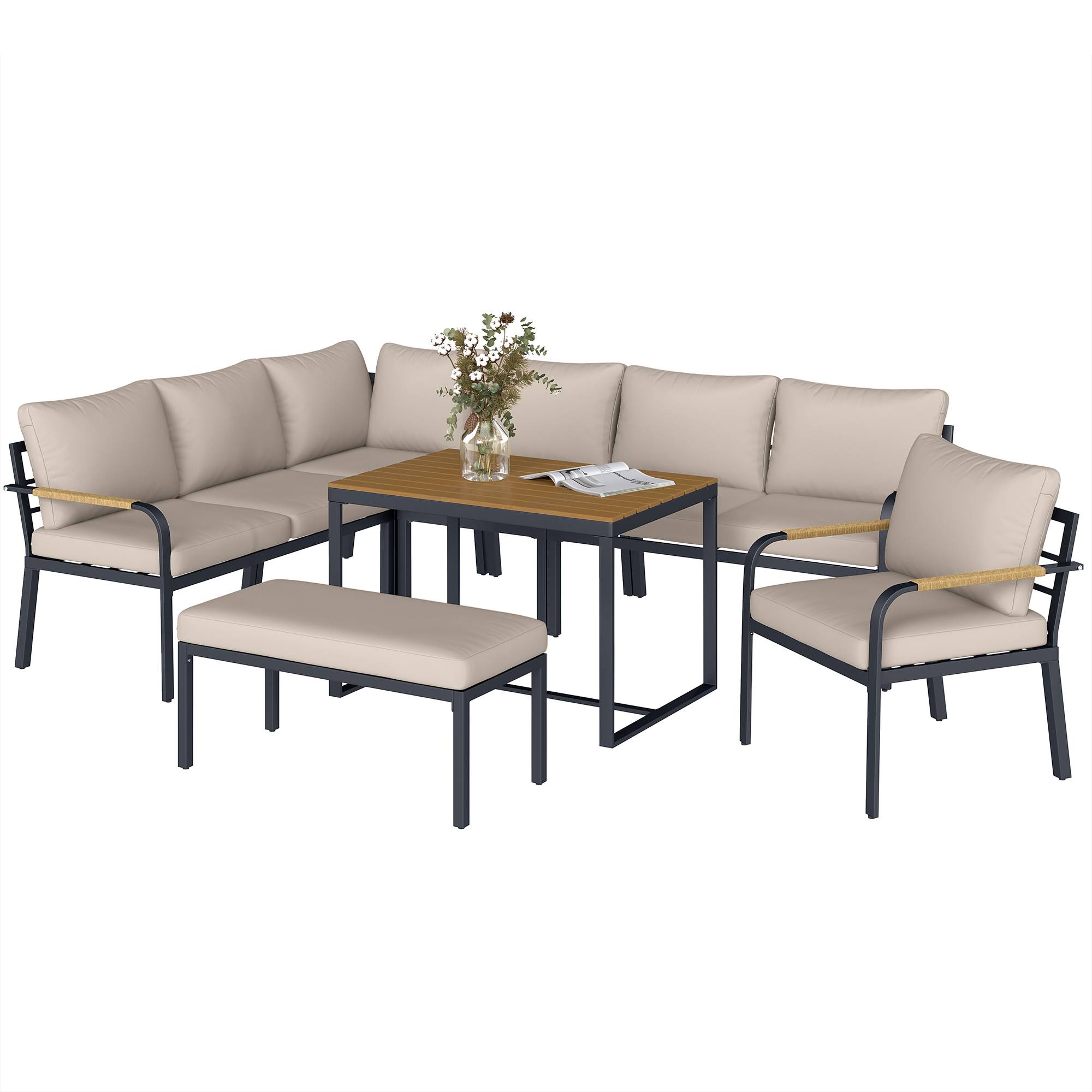 Salon de Jardin 6 Personnes Ensemble Table et Chaises Jardin avec Chaises Empilables en Textilène 70x51x87cm Noir - Image 2
