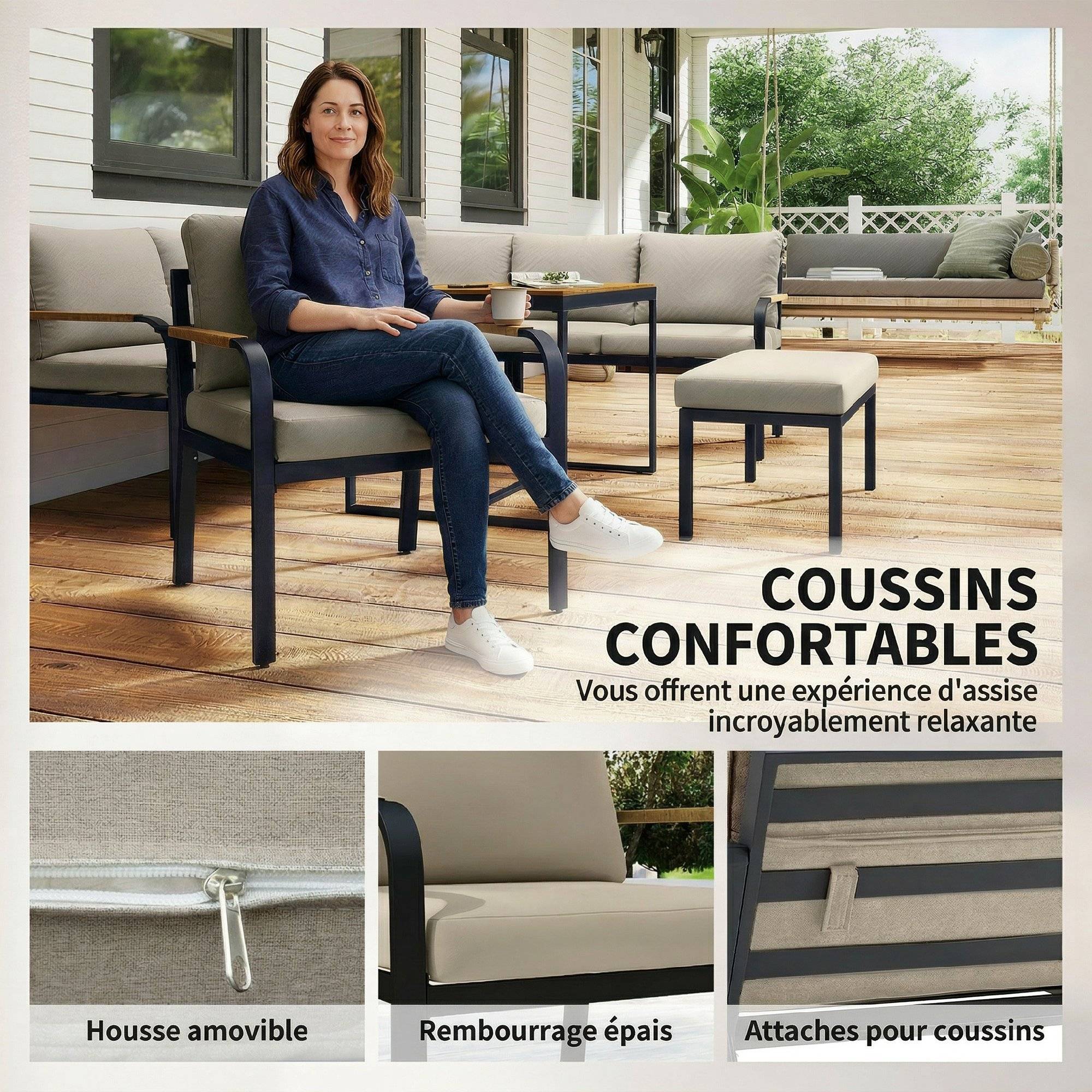 Salon de Jardin 6 Personnes Ensemble Table et Chaises Jardin avec Chaises Empilables en Textilène 70x51x87cm Noir - Image 8