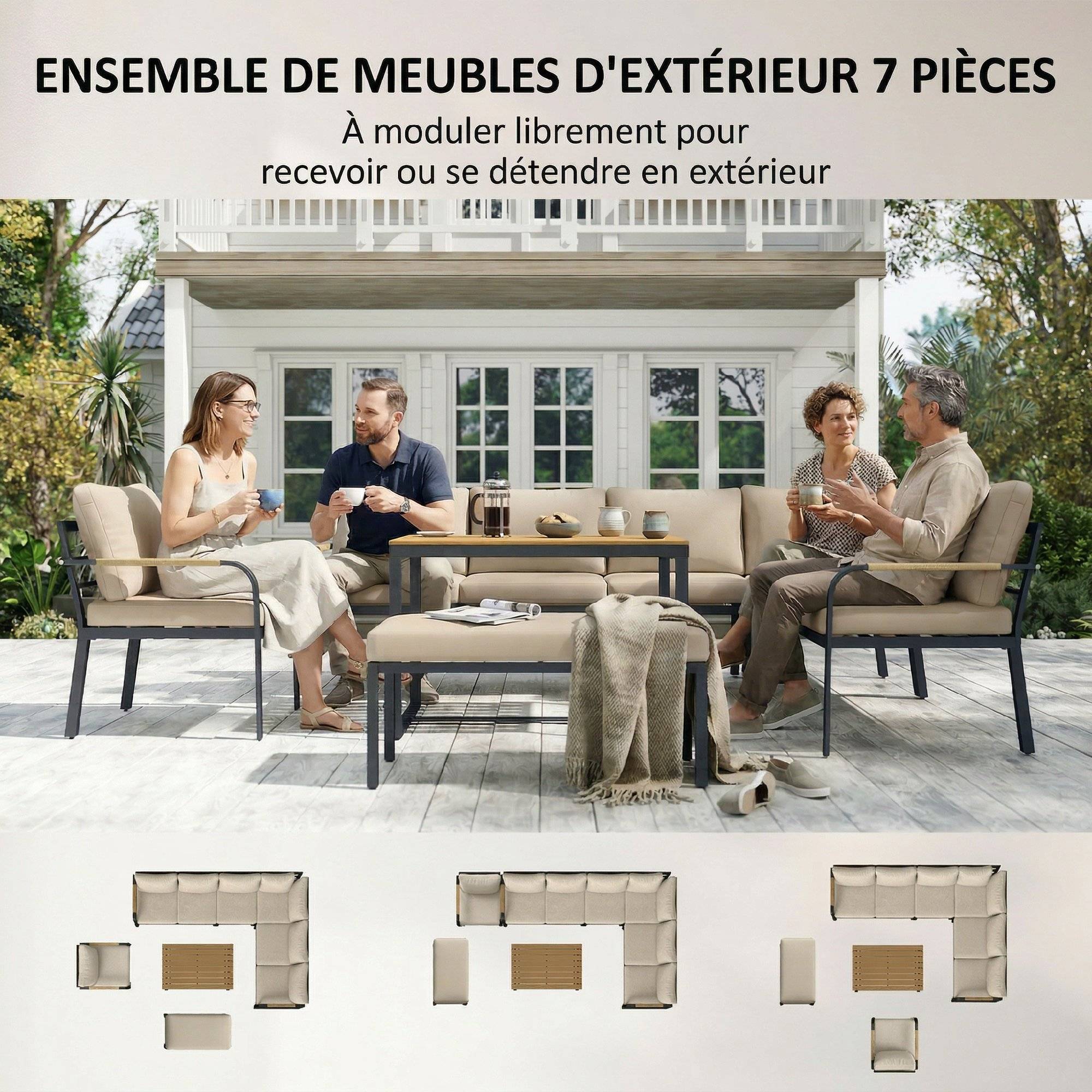 Salon de Jardin 6 Personnes Ensemble Table et Chaises Jardin avec Chaises Empilables en Textilène 70x51x87cm Noir - Image 6