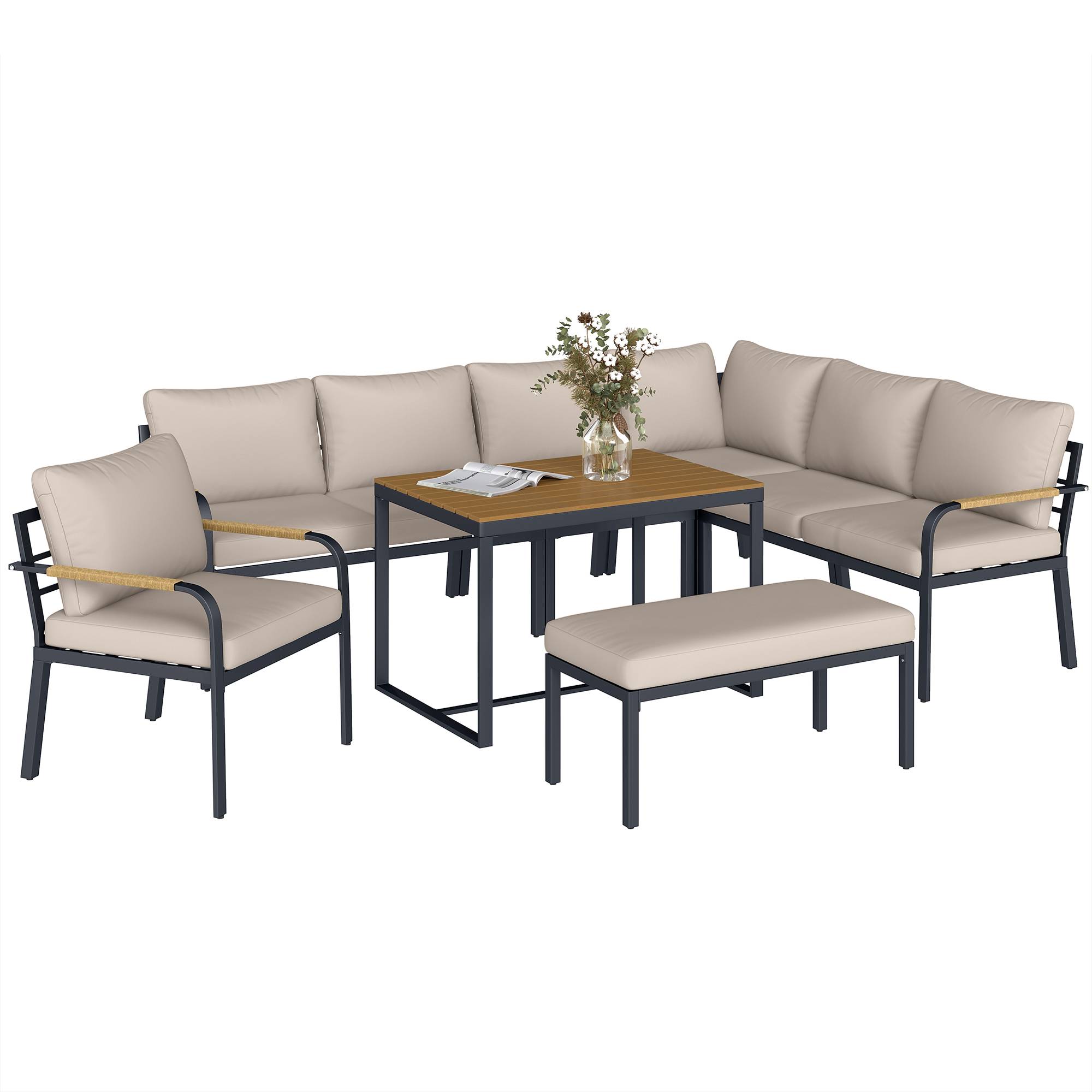 Salon de Jardin 6 Personnes Ensemble Table et Chaises Jardin avec Chaises Empilables en Textilène 70x51x87cm Noir - Image 1