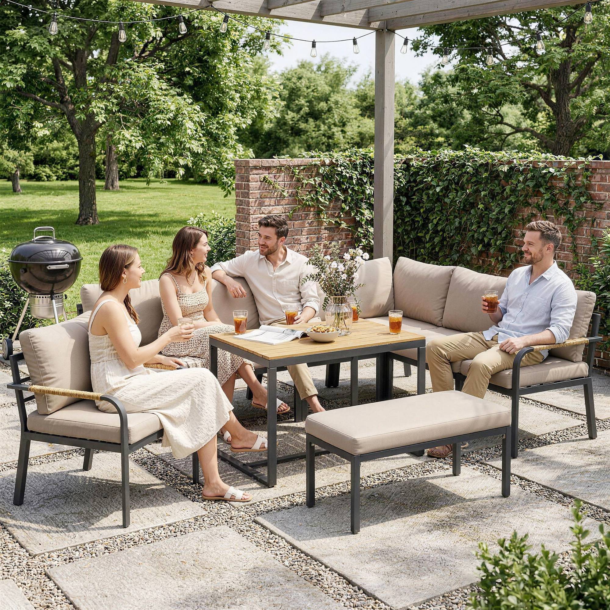 Salon de Jardin 6 Personnes Ensemble Table et Chaises Jardin avec Chaises Empilables en Textilène 70x51x87cm Noir - Image 4