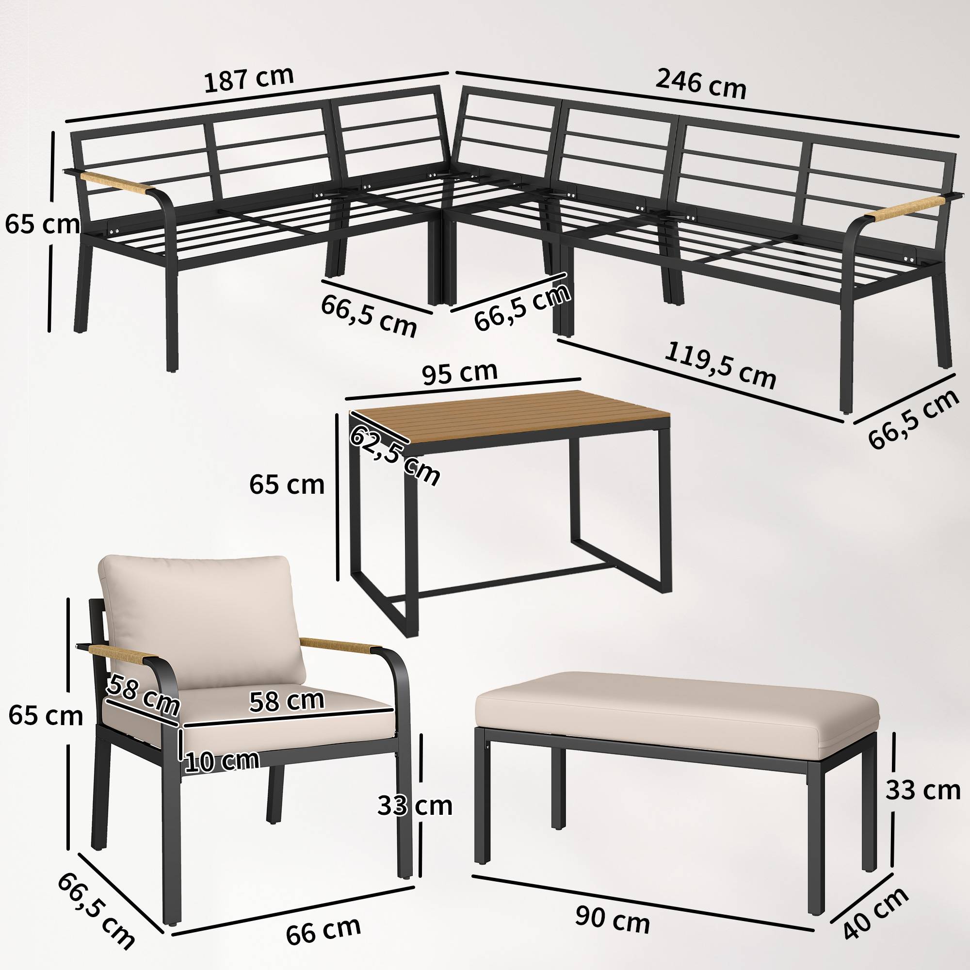 Salon de Jardin 6 Personnes Ensemble Table et Chaises Jardin avec Chaises Empilables en Textilène 70x51x87cm Noir - Image 5
