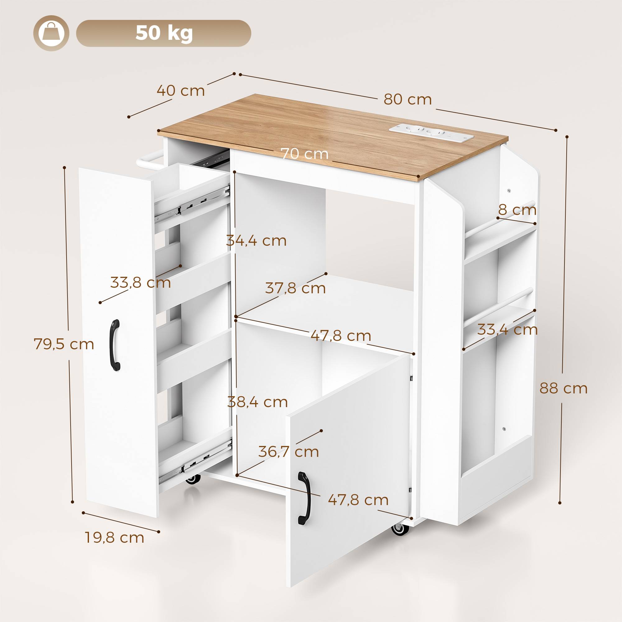 Sans Marque - Chariot cuisine roulettes station recharge placard coulissant porte-épices porte-serviettes 80x40x88 cm blanc - Image 5