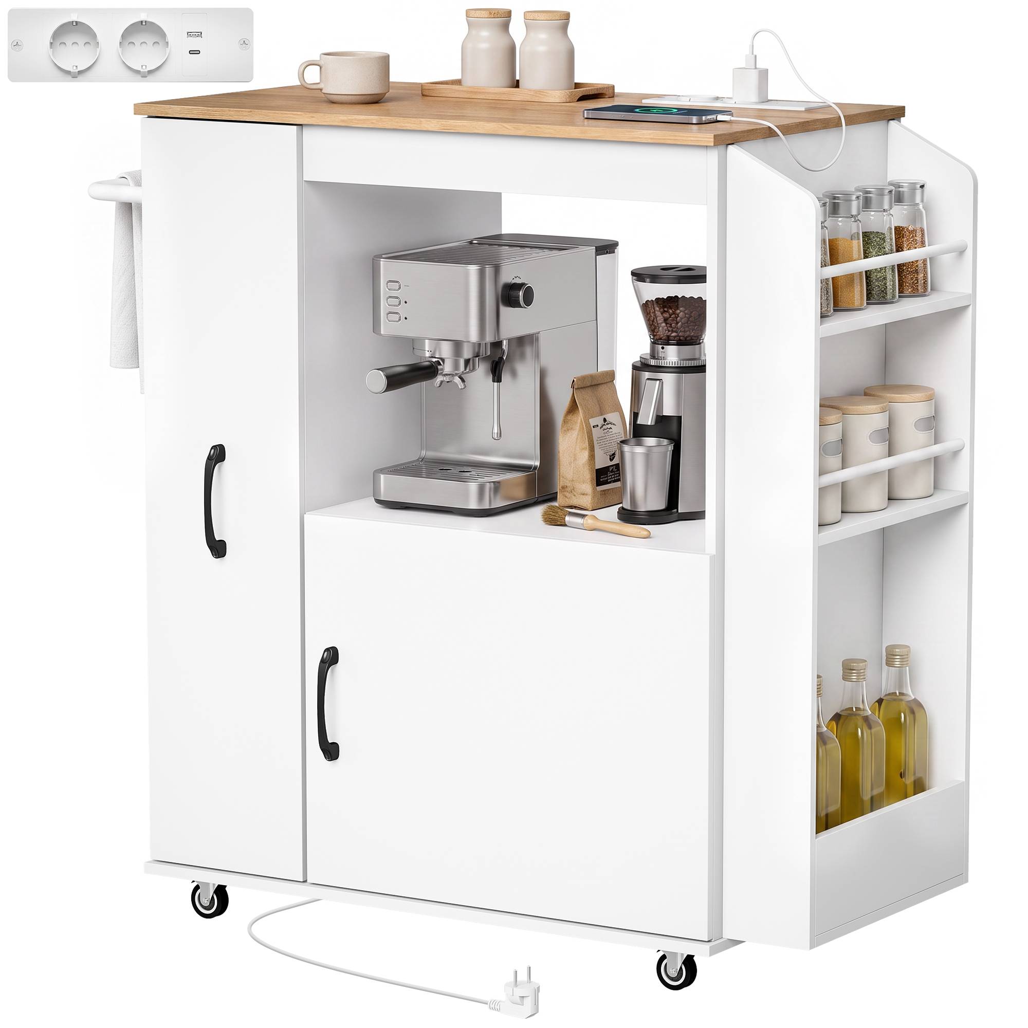 Sans Marque - Chariot cuisine roulettes station recharge placard coulissant porte-épices porte-serviettes 80x40x88 cm blanc