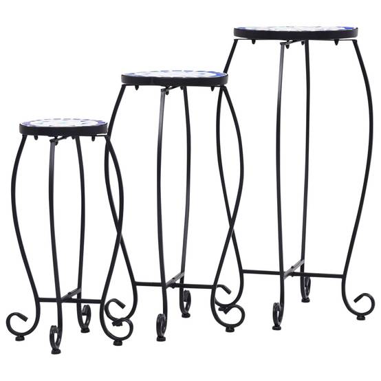 Set de 3 Guéridons Porte-Plantes Mosaïque en Fer et Céramique pour Terrasse Bleu et Blanc – ComfortXL Outdoor Living - Image 2