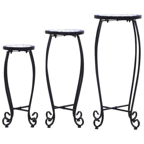 Set de 3 Guéridons Porte-Plantes Mosaïque en Fer et Céramique pour Terrasse Bleu et Blanc – ComfortXL Outdoor Living - Image 3