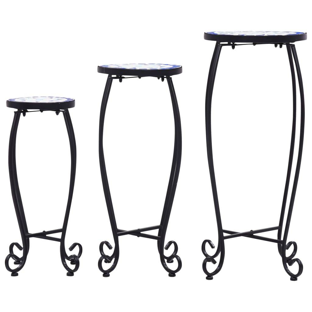 Set de 3 Guéridons Porte-Plantes Mosaïque en Fer et Céramique pour Terrasse Bleu et Blanc – ComfortXL Outdoor Living - Imagen 3