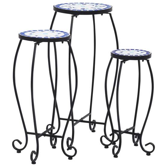 Set de 3 Guéridons Porte-Plantes Mosaïque en Fer et Céramique pour Terrasse Bleu et Blanc – ComfortXL Outdoor Living - Image 1