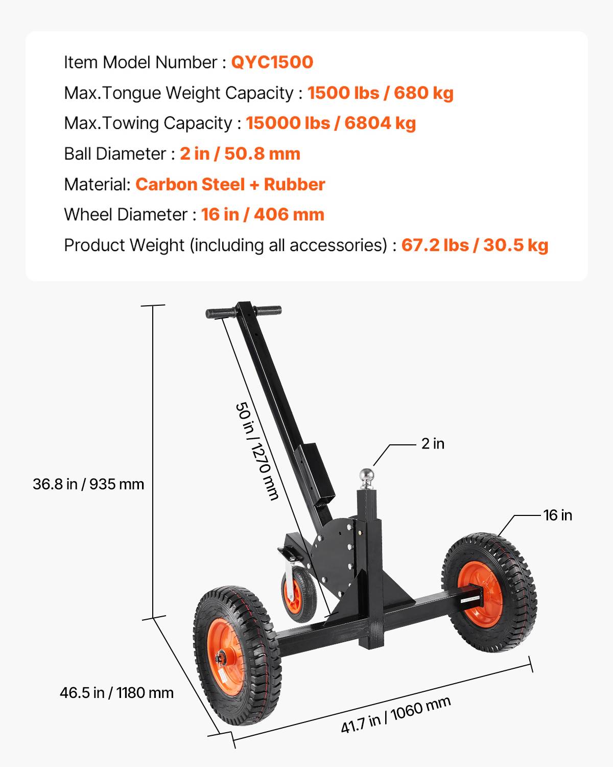 VEVOR Chariot remorque 2 en 1, charge languette 680.4kg, hauteur réglable. - Image 7