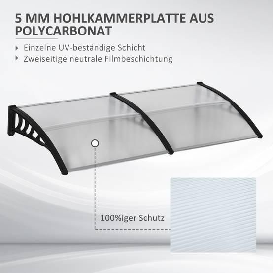 Auvent de porte polycarbonate pour entrée protection pluie et UV 200x96cm Noir - ComfortXL Outdoor Living - Image 6