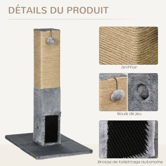 Poteau à gratter chat jute peluche balles jouet brosses toilettage 59x79cm gris - ComfortXL Outdoor Living - Image 7