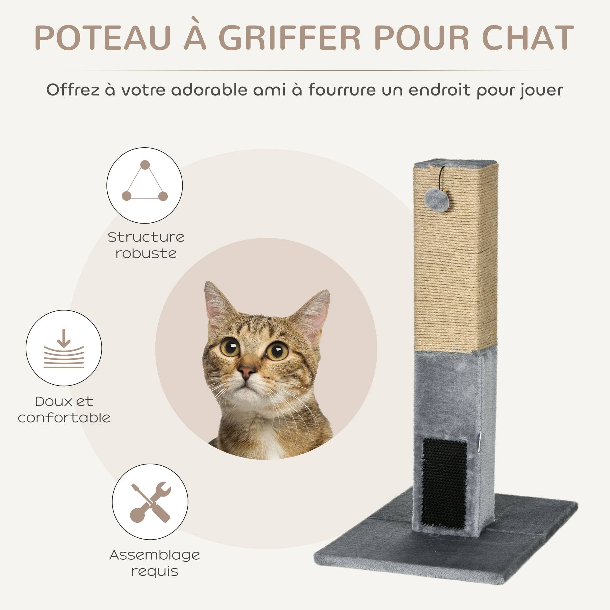 Poteau à gratter chat jute peluche balles jouet brosses toilettage 59x79cm gris - ComfortXL Outdoor Living - Image 6