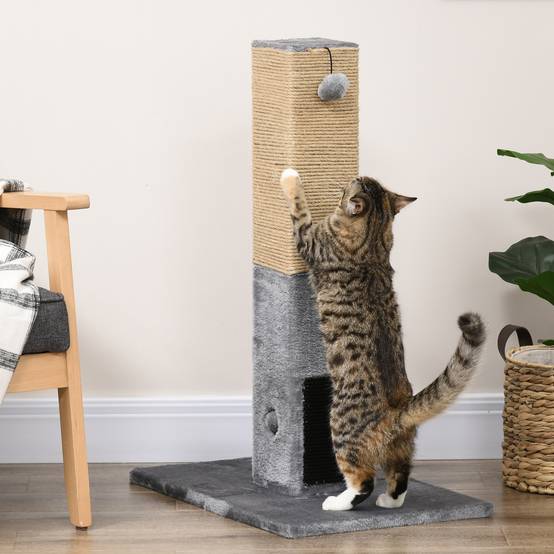 Poteau à gratter chat jute peluche balles jouet brosses toilettage 59x79cm gris - ComfortXL Outdoor Living - Image 3