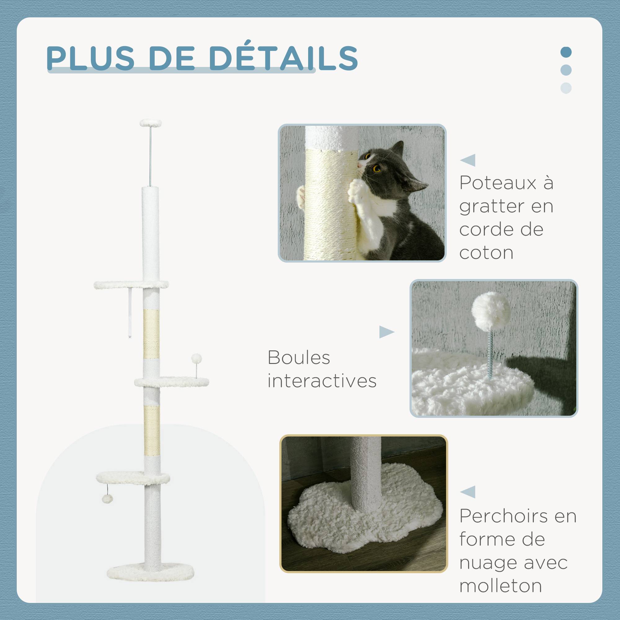 Pawhut - Arbre à chat réglable en hauteur 225-255 cm - tour pour chat 3 griffoirs nuages, 2 balles - blanc - Imagen 6